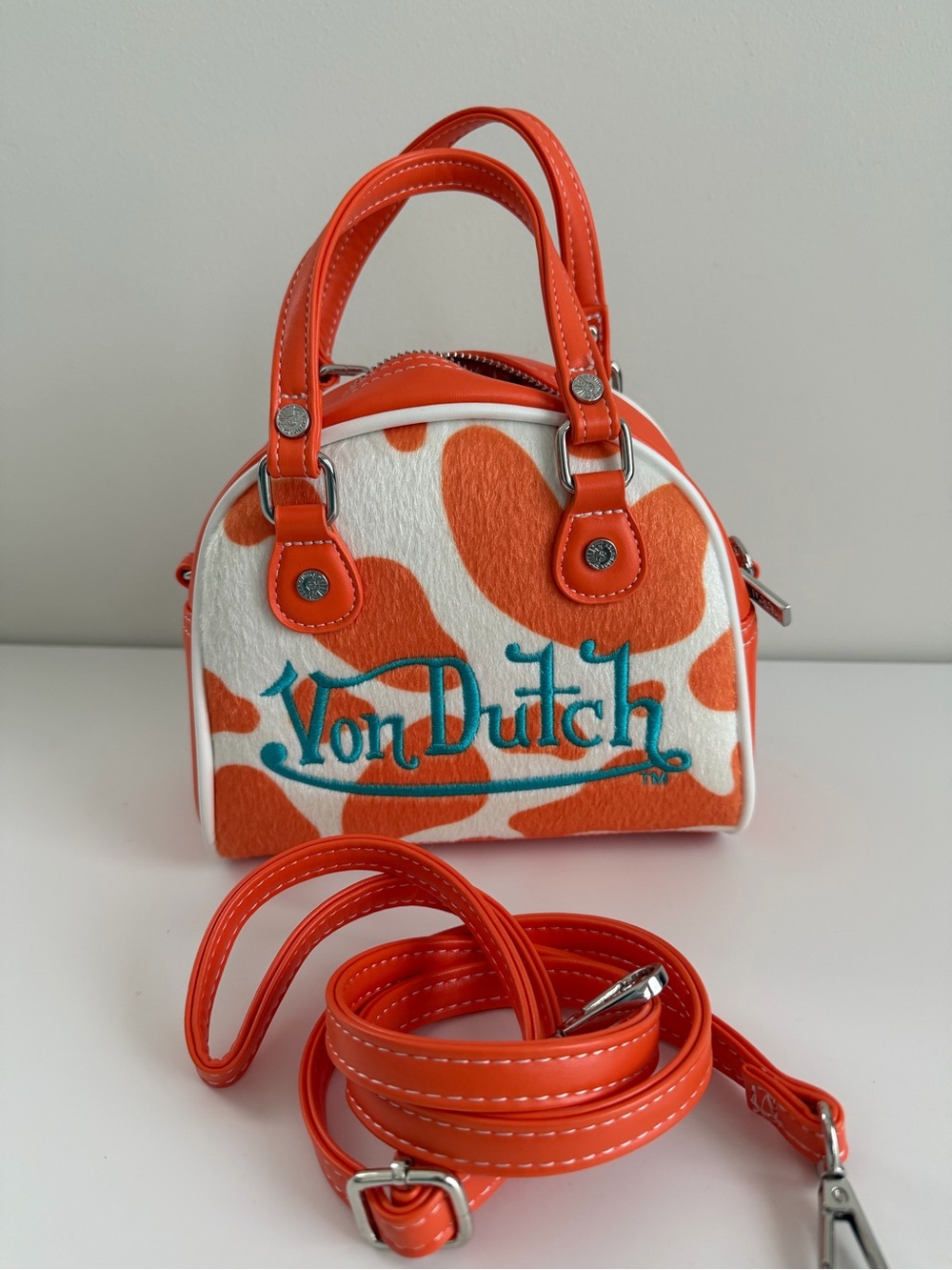 Von Dutch Orange & White Mini Dome Satchel with Teal Logo